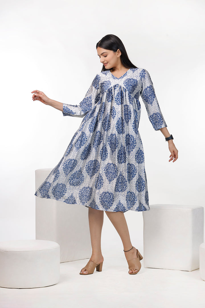 Indigo Leaf Motif Print Dress by aaRVee Studio. Shop @ www.aarveestudio.com