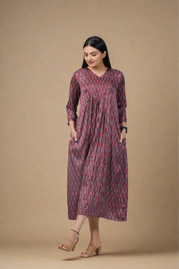 Ajrak Rust Print Maxi Dress by aaRVee Studio. Shop @ www.aarveestudio.com