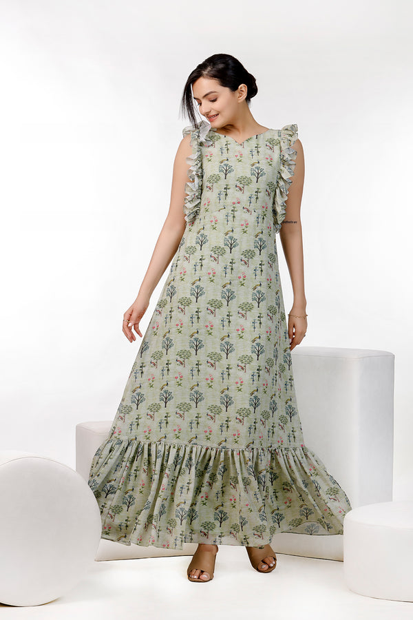 Pista Green Floral Print Maxi Gown by aaRVee Studio. Shop @ www.aarveestudio.com