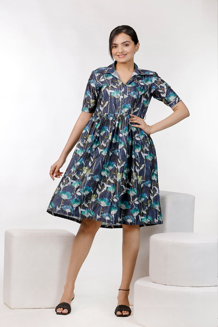 Neavy Blue Floral Print Dress by aaRVee Studio. Shop @ www.aarveestudio.com